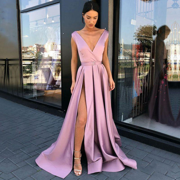 A Line V Neck Light Purple High Slit Prom Dresses, V Neck Formal Graduation Evening Dresses with High Slit