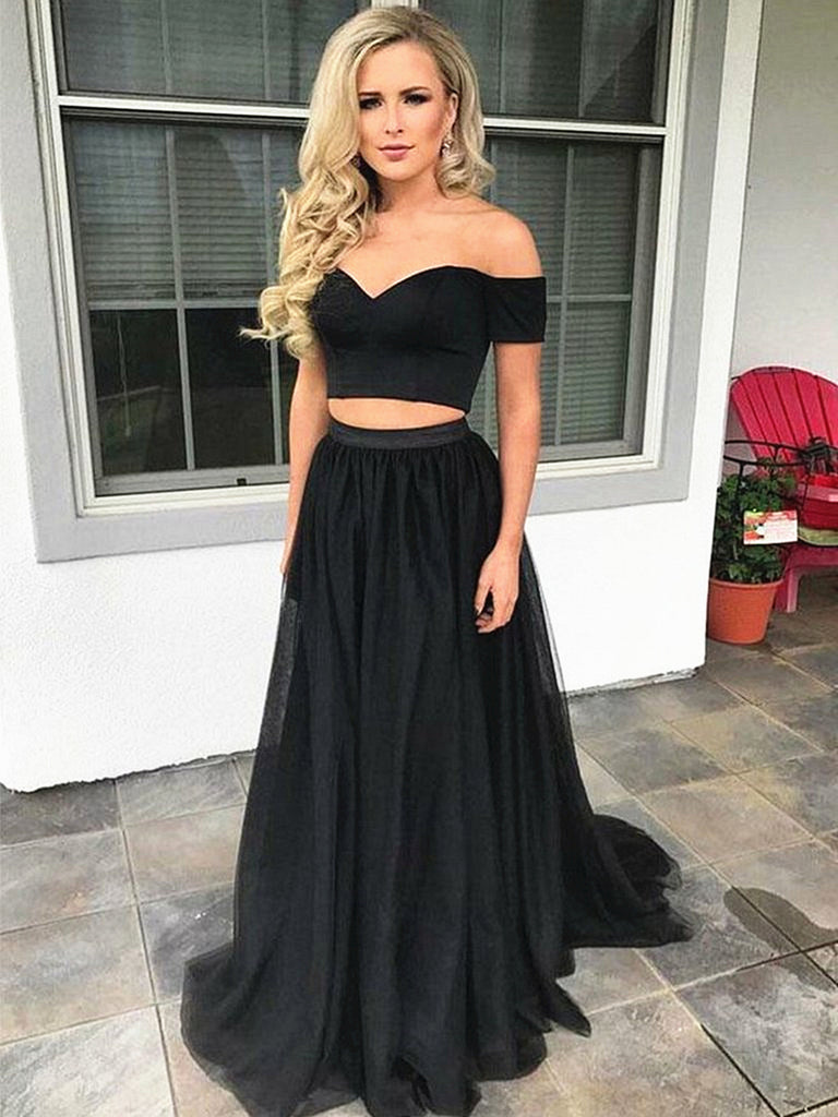 Off Shoulder Pieces Black Tulle Prom Dresses, Pieces Black