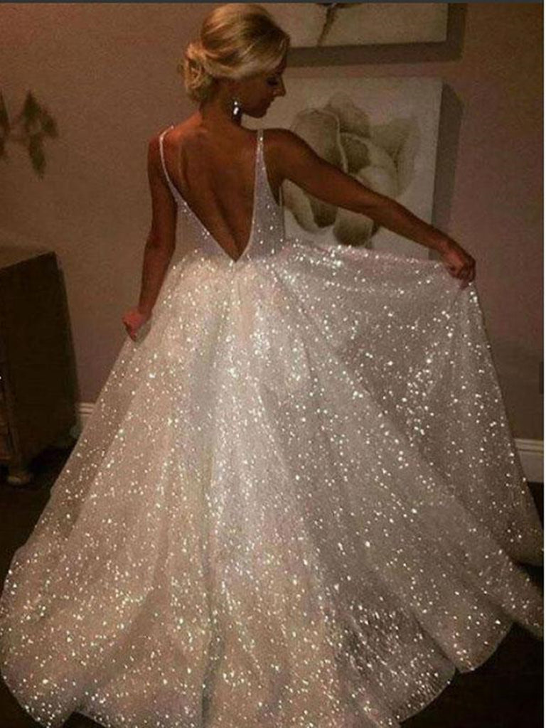Shiny A Line V Neck Ivory Wedding Dresses, A Line V Neck Prom Graduati jbydress Shiny A Line V Neck Ivory Wedding Dresses, A Line V Neck Prom Graduati jbydress