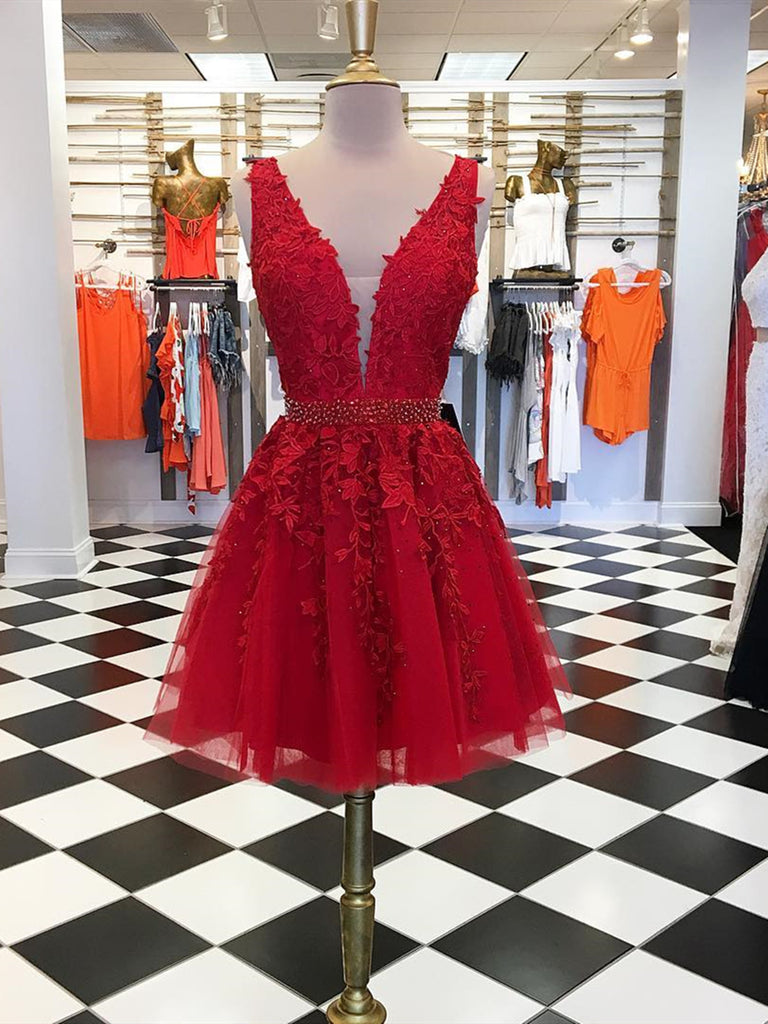 V Neck Short Red Lace Prom Dress, Short V Neck Red Lace Graduation Homecoming Evening Dresses