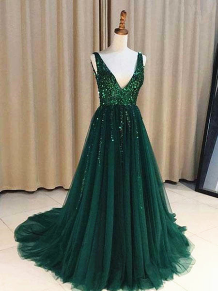 Custom Made A Line V Neck Emerald Green Backless Prom Dresses, Backless Green Graduation Formal Dresses