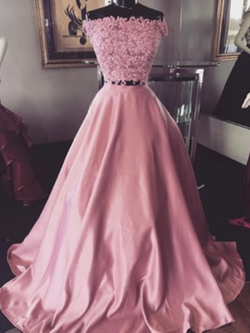 Custom Made Pink Off Shoulder Lace Prom Dresses, Pink Lace Formal Evening Dresses
