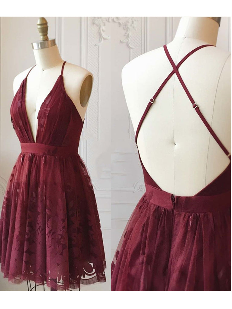 A Line V Neck Short Burgundy Lace Prom Dresses, Short Burgundy Lace Formal Homecoming Dresses
