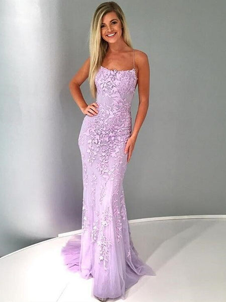 Purple Backless Lace Prom Dresses, Lilac Backless Lace Formal Graduation Evening Dresses