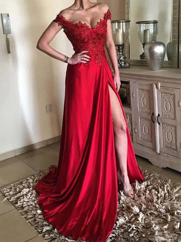Custom Made Off Shoulder Red Lace Prom Dresses, Red Off Shoulder Lace Formal Evening Graduation Dresses