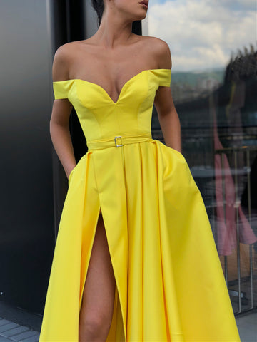 Off the Shoulder Yellow Prom Dress with Leg Slit, Yellow Off Shoulder Floor Length Formal Graduation Evening Dresses