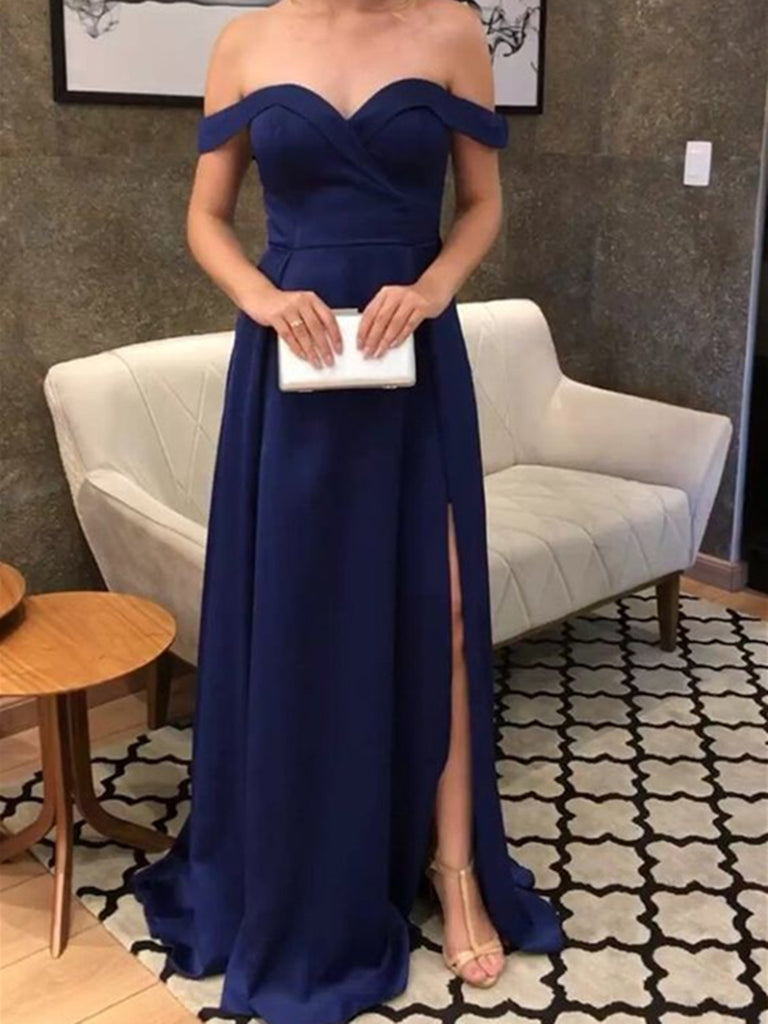 A Line Off Shoulder Blue Prom Dresses with Leg Slit, Off Shoulder Blue jbydress A Line Off Shoulder Blue Prom Dresses with Leg Slit, Off Shoulder Blue jbydress