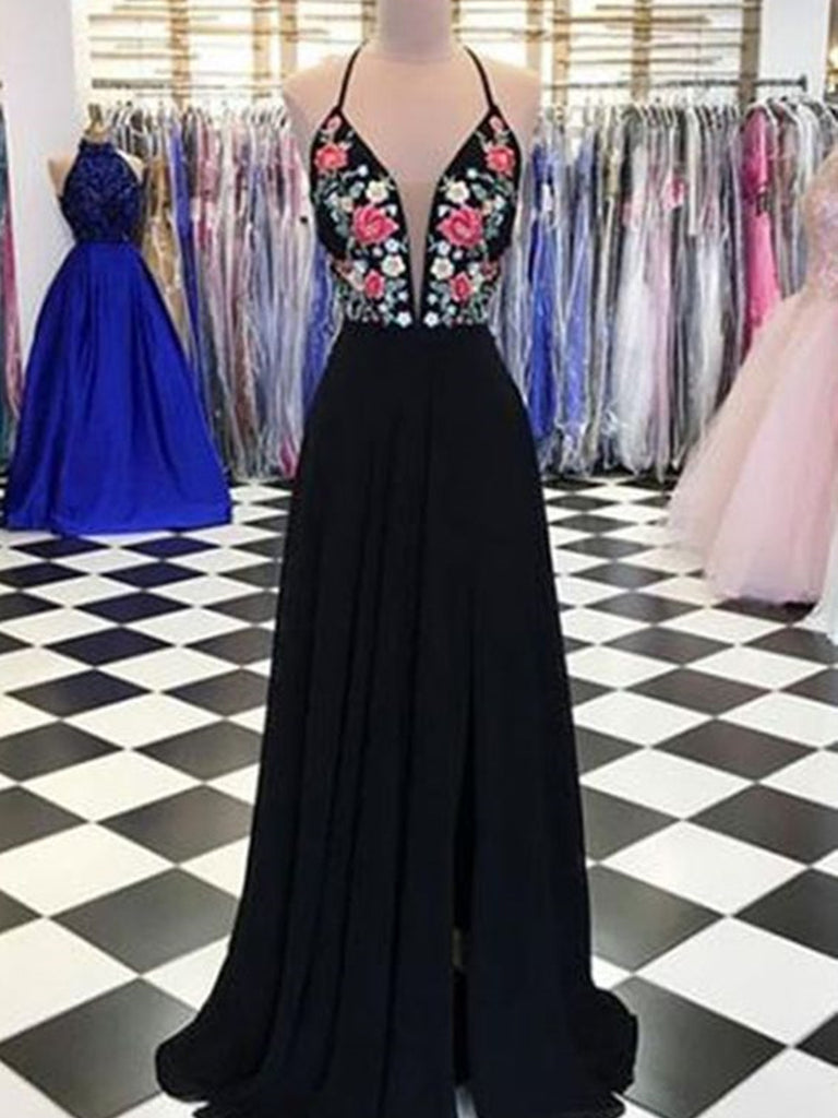 A Line V Neck Black Floral Prom Dresses, Black V Neck Floral Formal Dr jbydress A Line V Neck Black Floral Prom Dresses, Black V Neck Floral Formal Dr jbydress