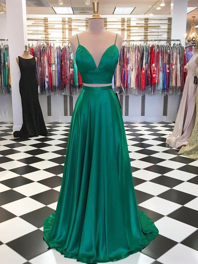 A Line 2 Pieces Green Prom Dresses, 2 Pieces Green Formal Graduation Evening Dresses