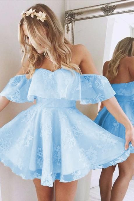 Off Shoulder Short Pink/Blue Lace Prom Dress, Short Pink/Blue Formal D jbydress Off Shoulder Short Pink/Blue Lace Prom Dress, Short Pink/Blue Formal D jbydress