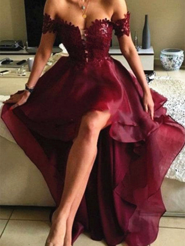 Off Shoulder High Low Organza Backless Maroon Lace Prom Dress, High Lo jbydress Off Shoulder High Low Organza Backless Maroon Lace Prom Dress, High Lo jbydress