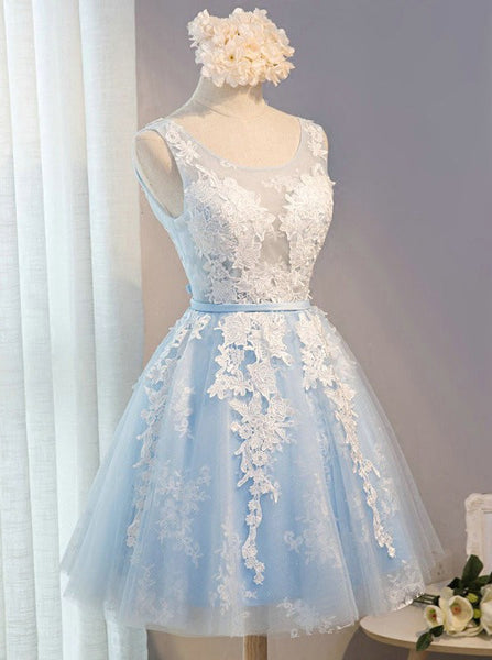 A Line Round Neck Short Blue Prom Dress with White Lace, Lace Formal D ...
