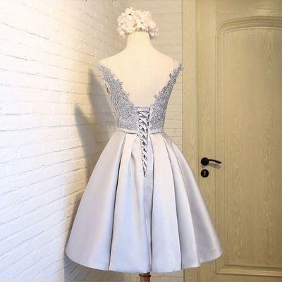 A Line Silver Short Lace Prom Dresses, Short Lace Homecoming Dresses, Formal Dresses