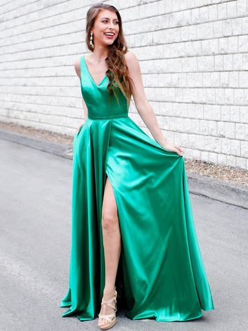 V Neck Green Prom Dress with Leg Slit, Green V Neck Formal Graduation Evening Dresses