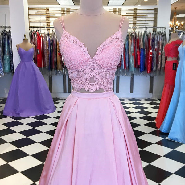 A Line V Neck 2 Pieces Pink Lace Prom Dresses, Pink 2 Pieces Lacce Formal Graduation Evening Dresses