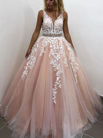V Neck Pink Lace Prom Dreses, Pink Lace Prom Gown, Pink V Neck Lace Formal Graduation Evening Dresses