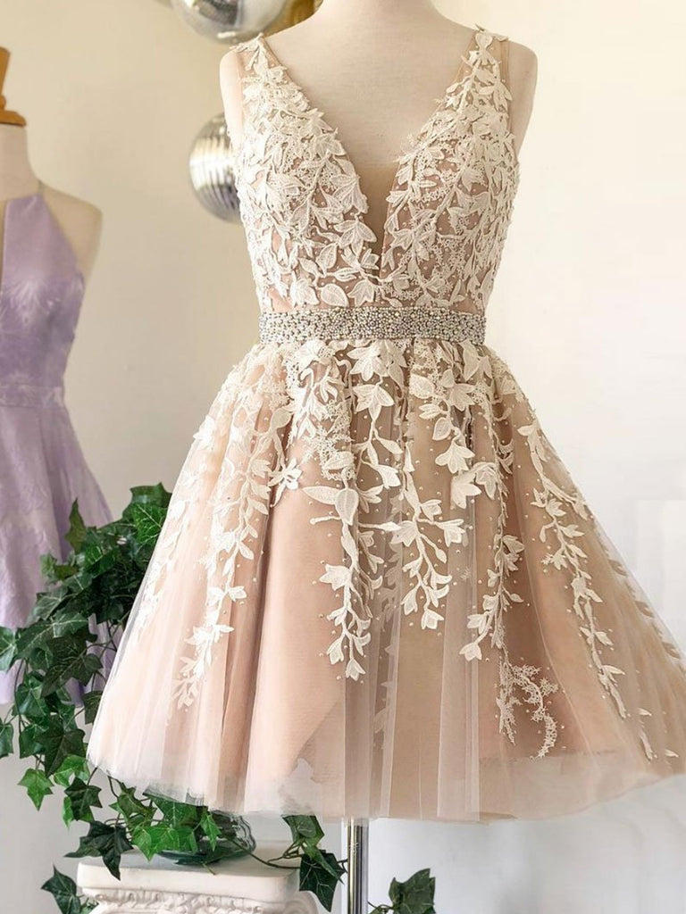 V Neck Short Champagne Lace Prom Dresses, Short V Neck Champagne Lace – jbydress