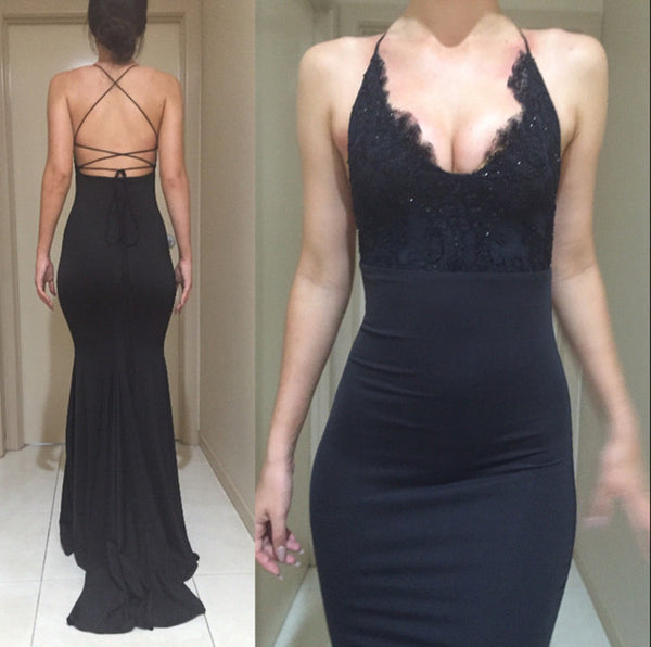 Custom Made Black Lace Mermaid Backless Prom Dresses, Black Mermaid Lace Formal Graduation Evening Dresses