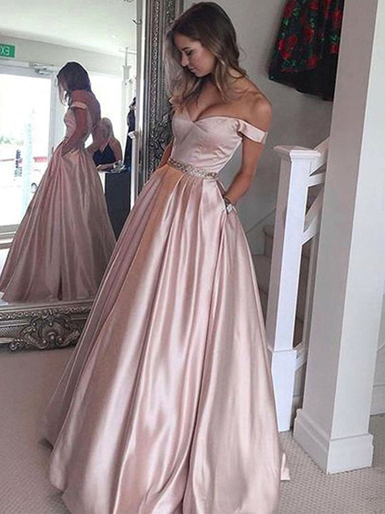 Elegant Off shoulder Floor Length Pink Satin Prom Dress, Off Shoulder jbydress Elegant Off shoulder Floor Length Pink Satin Prom Dress, Off Shoulder jbydress