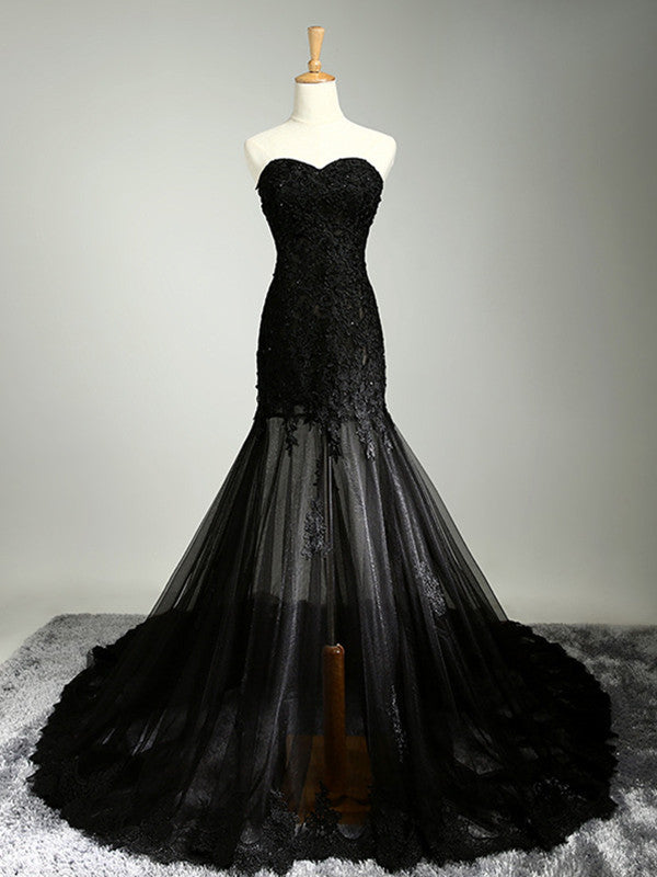 Mermaid Black Lace Off-the-Shoulder Long Prom Gown with Attached Train –  Modsele
