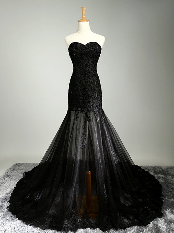 Custom Made Sweetheart Neck Mermaid Black Lace Prom Dresses with Sweep jbydress Custom Made Sweetheart Neck Mermaid Black Lace Prom Dresses with Sweep jbydress