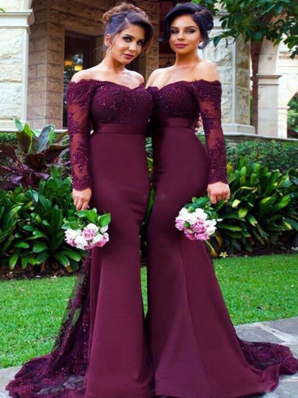 Custom Made Off Shoulder Maroon Long Sleeves Lace Prom Dresses, Burgundy Lace Bridesmaid Dress, Formal Dresses