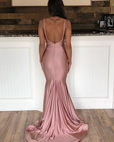 V Neck Mermaid Dusty Pink Prom Dresses with Train, Dusty Pink Mermaid Formal Evening Graduation Dresses
