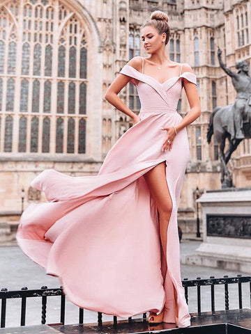 Off the Shoulder Pink Floor Length Prom Dresses Long, Pink Long Off Shoulder Bridesmaid Evening Dresses