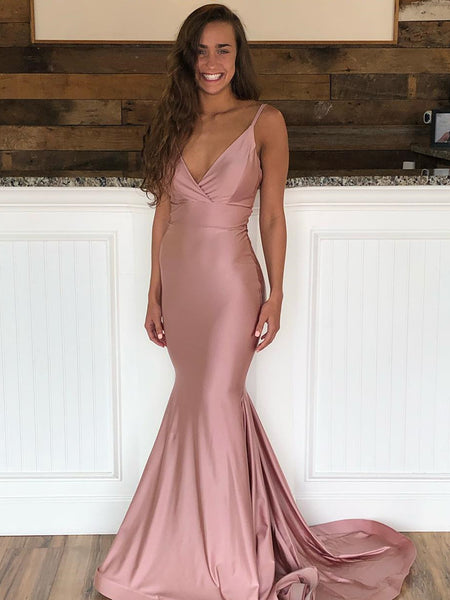 V Neck Mermaid Dusty Pink Prom Dresses with Train, Dusty Pink Mermaid Formal Evening Graduation Dresses