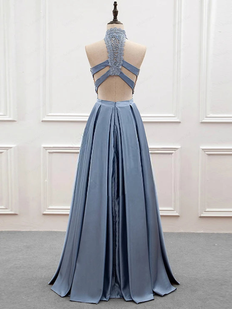 2 Pieces High Neck Blue Lace Prom Dresses, Open Back Two Pieces Blue L jbydress 2 Pieces High Neck Blue Lace Prom Dresses, Open Back Two Pieces Blue L jbydress