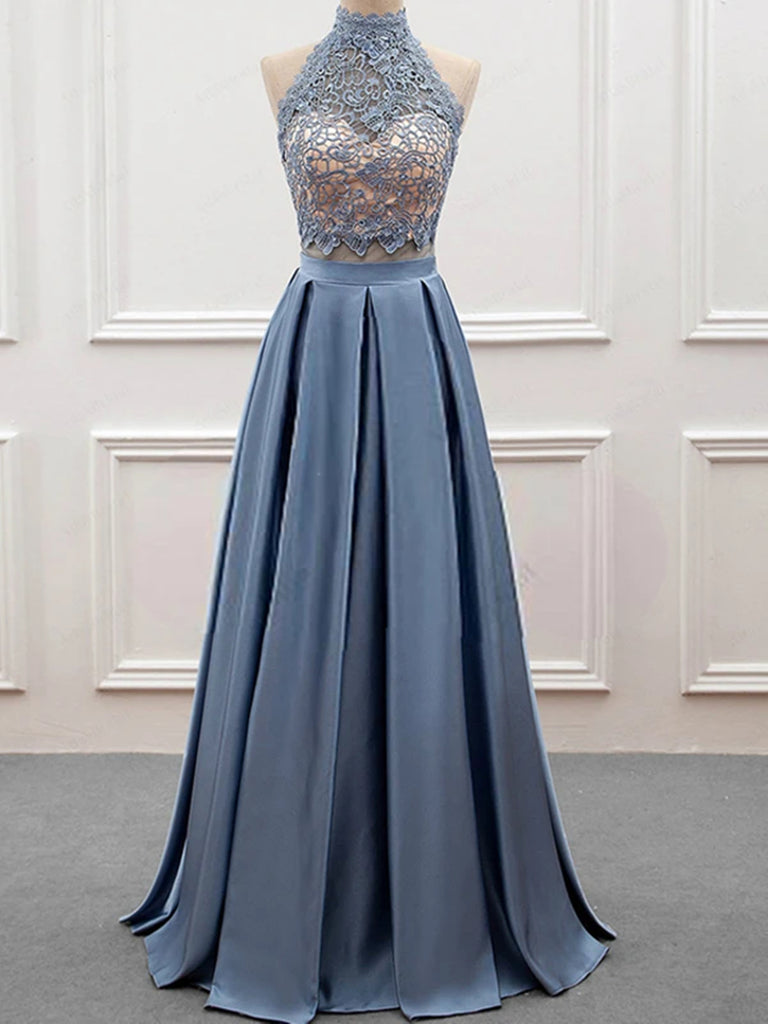 Pieces High Neck Blue Lace Prom Dresses, Open Back Two Pieces