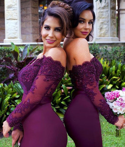 Custom Made Off Shoulder Maroon Long Sleeves Lace Prom Dresses, Burgundy Lace Bridesmaid Dress, Formal Dresses