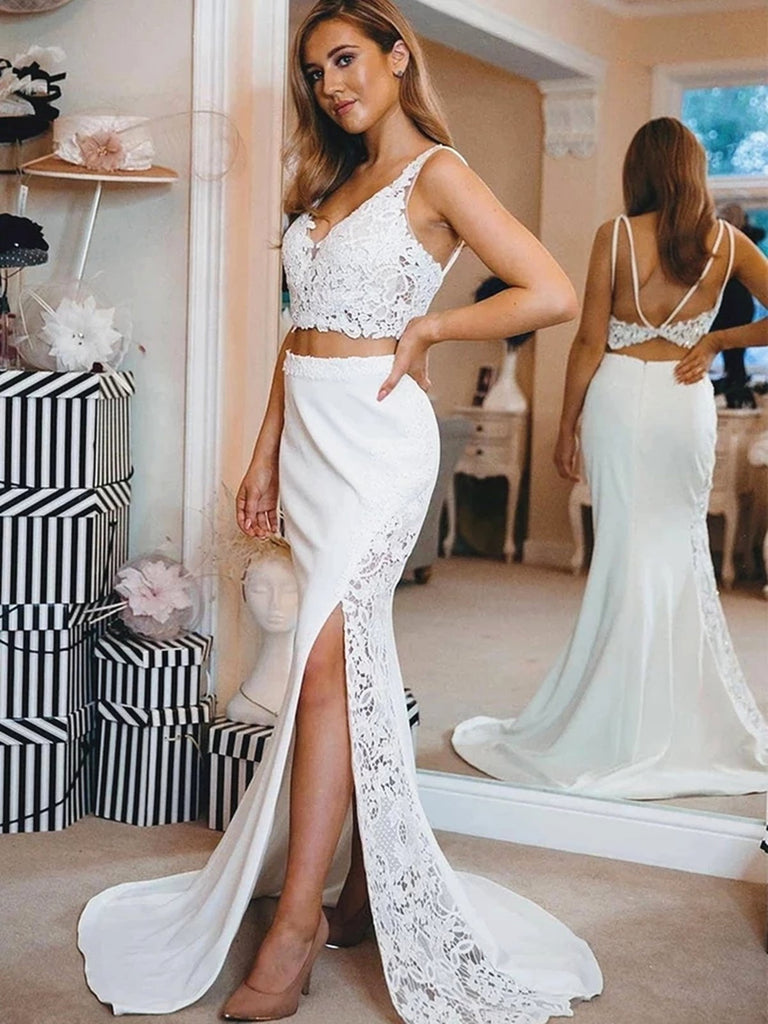 2 Pieces Backless White Blue Lace Prom Dresses, Two Pieces Open Back B jbydress 2 Pieces Backless White Blue Lace Prom Dresses, Two Pieces Open Back B jbydress
