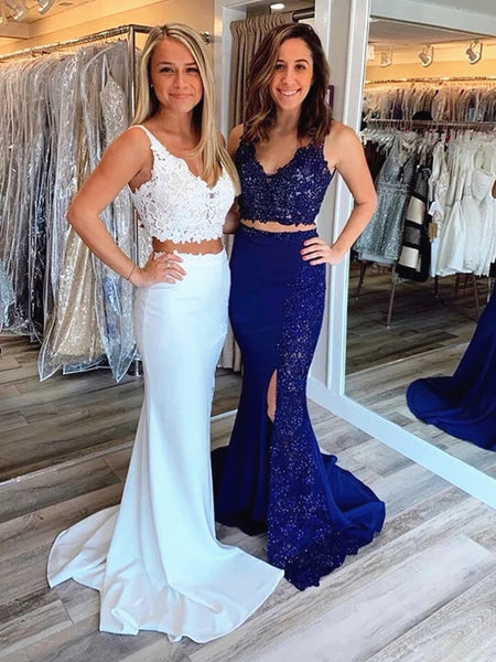 2 Pieces Backless White Blue Lace Prom Dresses, Two Pieces Open Back Blue White Lace Formal Evening Dresses