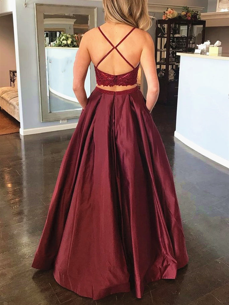 Pieces Burgundy Lace Prom Dresses, Two Pieces Burgundy Lace