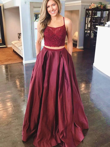 2 Pieces Burgundy Lace Prom Dresses, Two Pieces Burgundy Lace Formal Evening Dresses