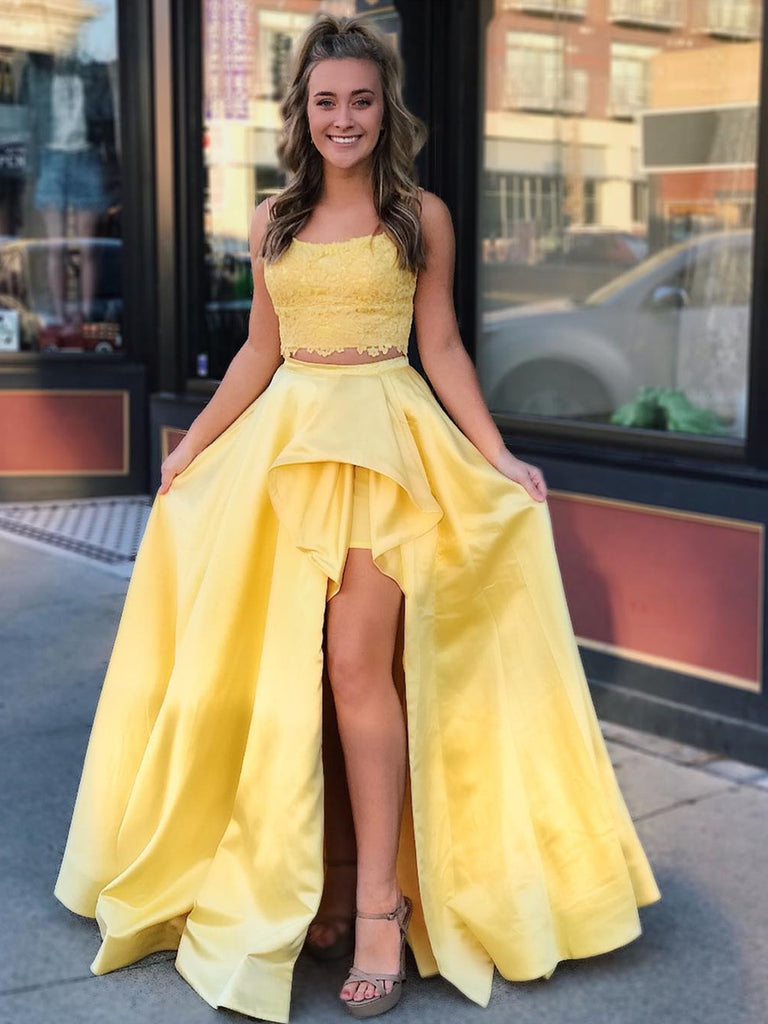 2 Pieces High Low Yellow Lace Prom Dresses, 2 Pieces Yellow Lace Formal Graduation Evening Dresses