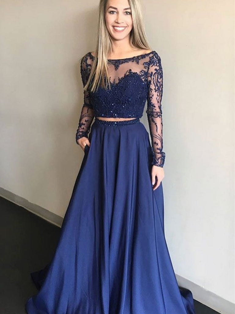 Homecoming Dresses Lace Navy Dress With Sleeves Pieces Long
