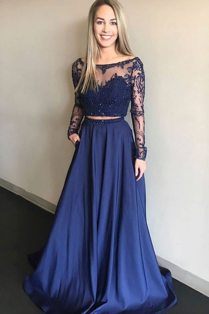 Pieces Long Sleeves Navy Blue Lace Prom Dresses, Navy Blue Two