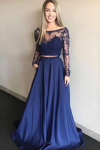 2 Pieces Long Sleeves Navy Blue Lace Prom Dresses, Navy Blue Two Pieces Lace Formal Bridesmaid Dresses