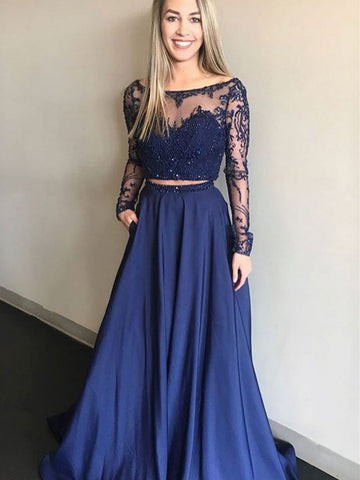 navy blue homecoming dresses long sleeve A Line Long Sleeves V Neck Dark Blue Prom Dresses With Appliques PFP05 Promfast