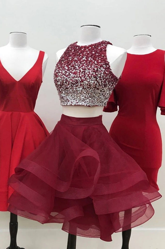 maroon two piece prom dress short Juniors Two Piece Maroon Long Prom Dress with Tulle Skirt