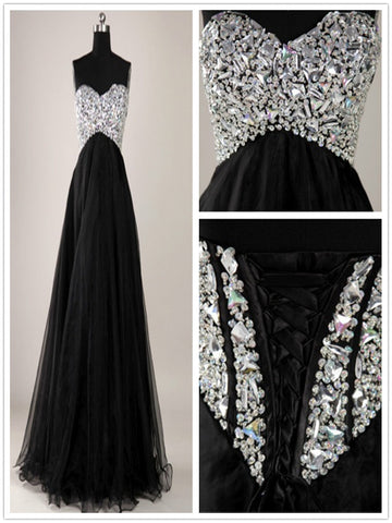 A Line Sweetheart Neck Black Floor Length Long Prom Dresses, Black Formal Dresses