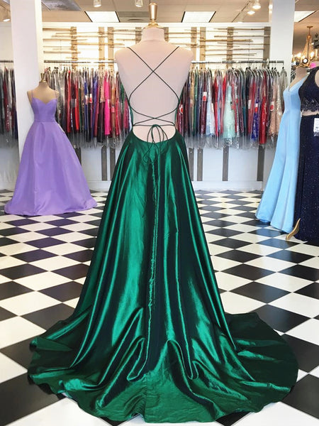 Dark Green Backless Prom Dresses, Emerald Green Backless Formal Graduation Evening Dresses