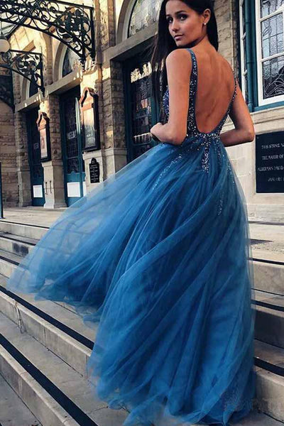 Custom Made A Line V Neck Backless Blue Prom Dresses, Backless Formal Dresses, Blue Evening Dresses