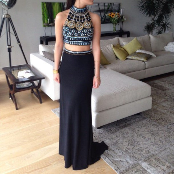 Custom Made High Neck Black Two Pieces Long Prom Dresses, 2 Pieces For jbydress Custom Made High Neck Black Two Pieces Long Prom Dresses, 2 Pieces For jbydress