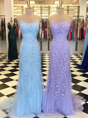 Purple/Blue Mermaid Backless Lace Prom Dresses, Purple/Blue Mermaid Backless Lace Formal Graduation Evening Dreses