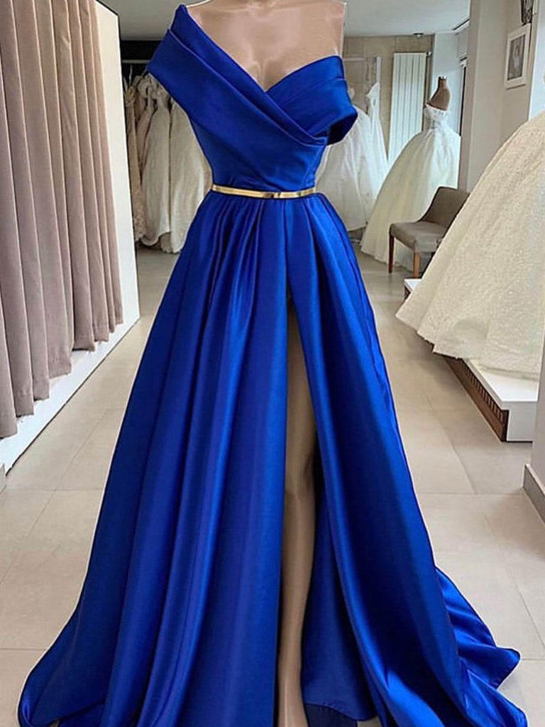 One Shoulder Royal Blue Floor Length Prom Dress with High Slit, High S jbydress One Shoulder Royal Blue Floor Length Prom Dress with High Slit, High S jbydress
