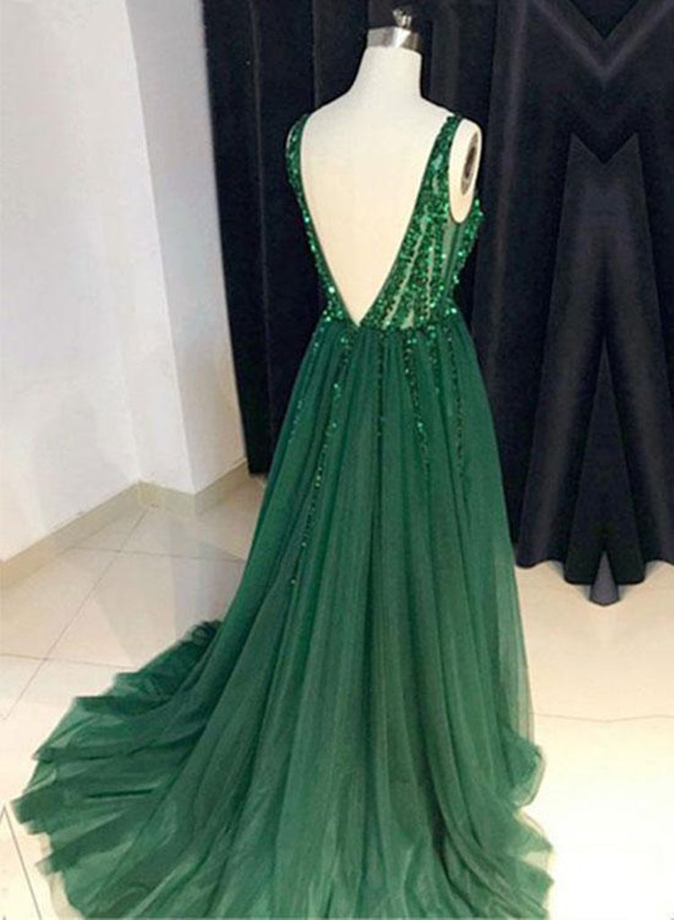 Custom Made A Line V Neck Emerald Green Backless Prom Dresses, Backles jbydress Custom Made A Line V Neck Emerald Green Backless Prom Dresses, Backles jbydress