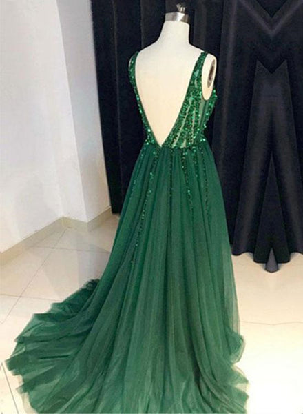 Custom Made A Line V Neck Emerald Green Backless Prom Dresses, Backless Green Graduation Formal Dresses